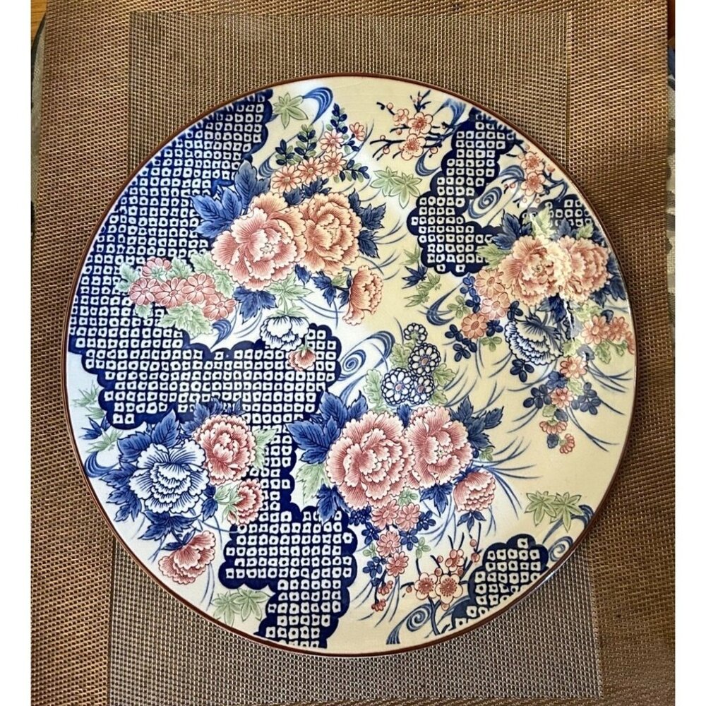 Vtg Large Toyo Japanese Porcelain Round Platter Chinoiserie Pink Blue Floral